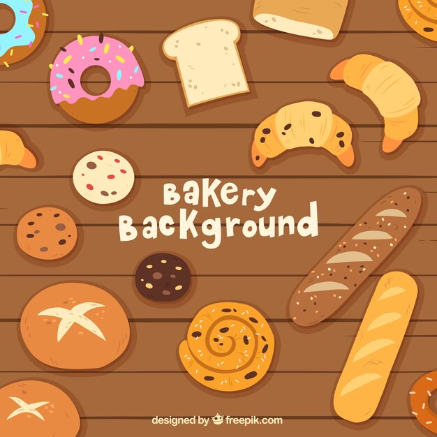 Bakery background with sweets and breadin flat style