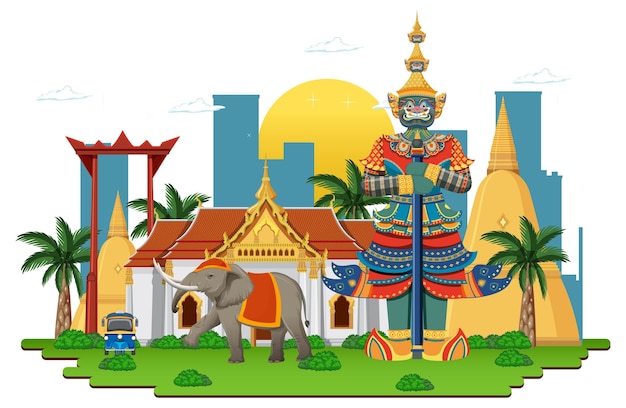 Free Vector bangkok thailand with landmarks