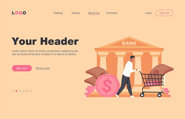 Free Vector bank customer getting loan. man wheeling cart with cash flat  landing page. finance, money, banking, service concept for banner, website design or landing web page