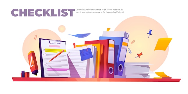 Free Vector banner with checklist on clipboard and paperwork