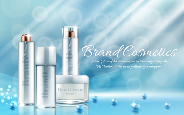 Free Vector banner with realistic set of bottles and jars for face mask, hand cream, body lotion