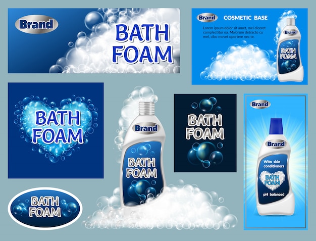 Banners bottles of bath foam with soap bubbles.
