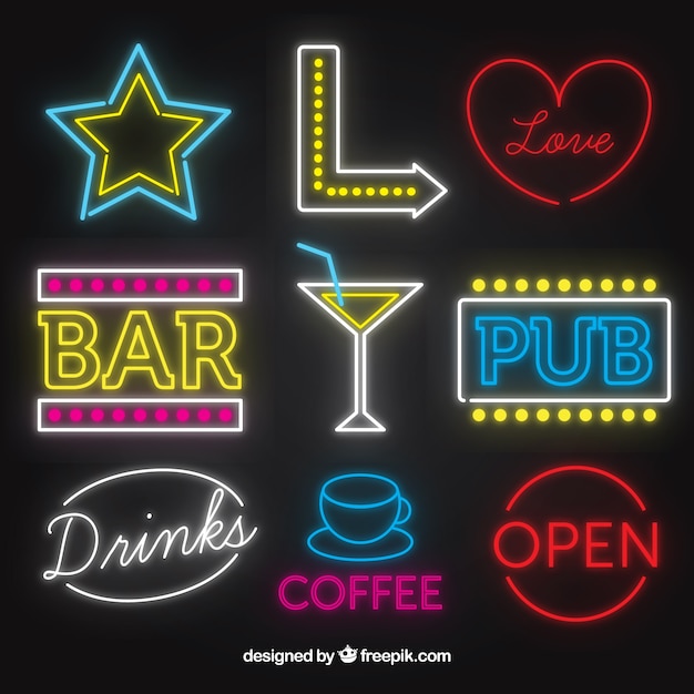 Vettore gratuito bar insegne al neon collezione