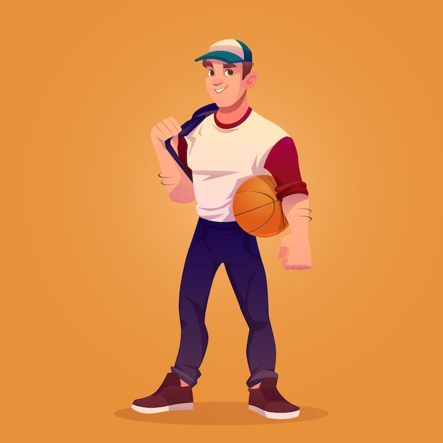 Free Vector basketball player with ball, sportsman. vector cartoon illustration of muscular man in cap, professional athlete or sport trainer. handsome strong guy with smile isolated on orange background