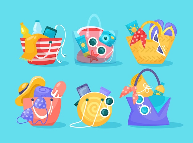 Free Vector beach bags with different objects vector illustrations set. bags for women with items for beach or summer vacation at sea or ocean isolated on blue background. accessories, holiday concept