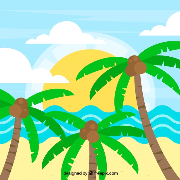 Free Vector beach landscape background with palm trees in flat design