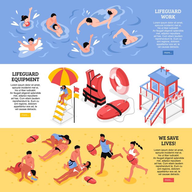 Beach lifeguards horizontal banners  illustrated lifeguard work equipment and rescue accessories isometric