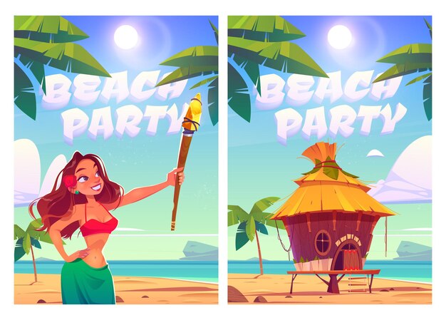 Beach party posters with woman and bungalow in the beach