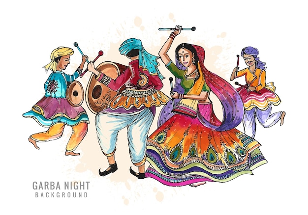 Free Vector beautiful couple playing dandiya in disco garba night dance background