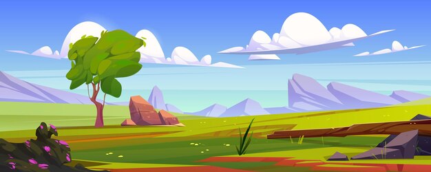 Beautiful green meadow in mountain valley cartoon