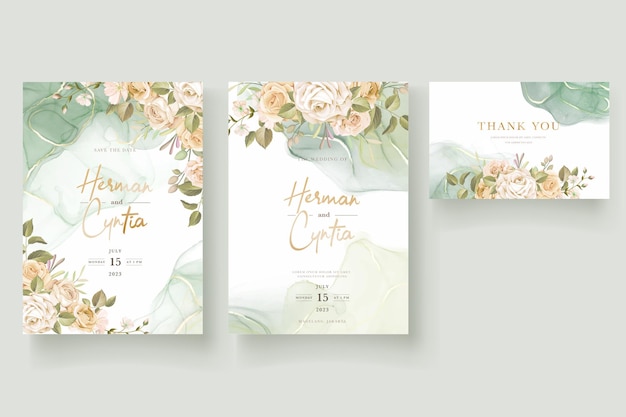 Free vector beautiful hand drawn roses wedding invitation card set