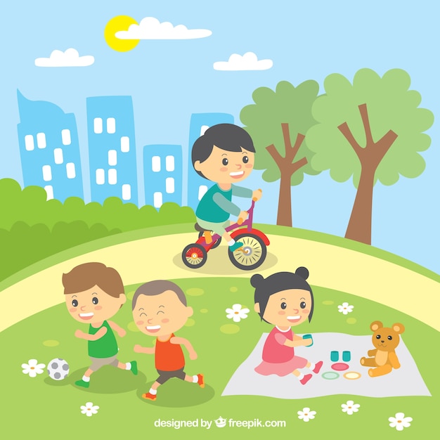 Free vector beautiful scene of children playing outdoors