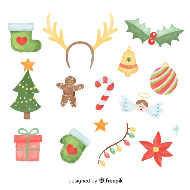 Free Vector beautiful set of watercolor christmas elements