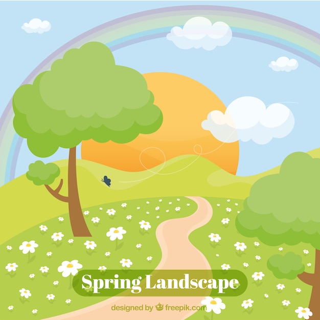 Beautiful spring landscape background with sun and a path