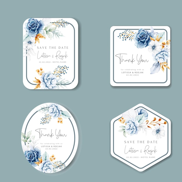 Free vector beautiful white blue and gold floral label collection