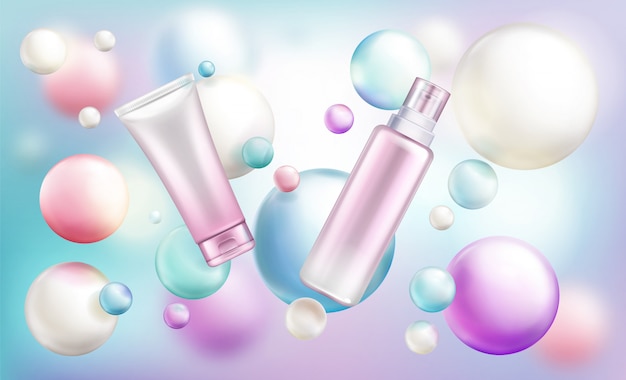 Free Vector beauty cosmetics tubes with pump and cap on rainbow defocused