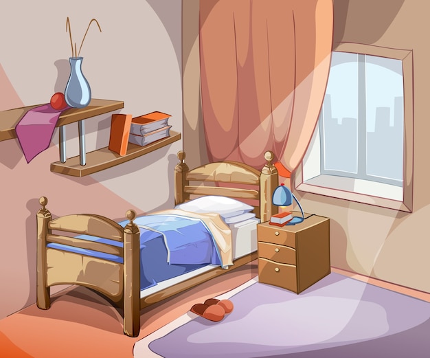 Free vector bedroom interior in cartoon style. furniture design bed indoor apartment. vector illustration