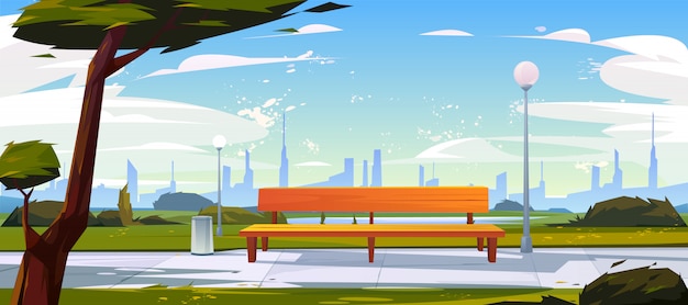 Free Vector bench in park summer time landscape with city view