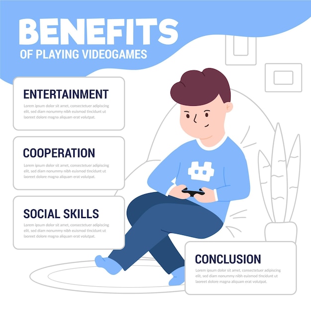 Free Vector benefits of playing videogames template with gamer