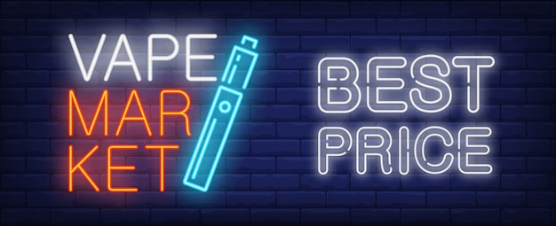 Free Vector best price in vape market neon sign. electronic cigarette on dark brick wall. 