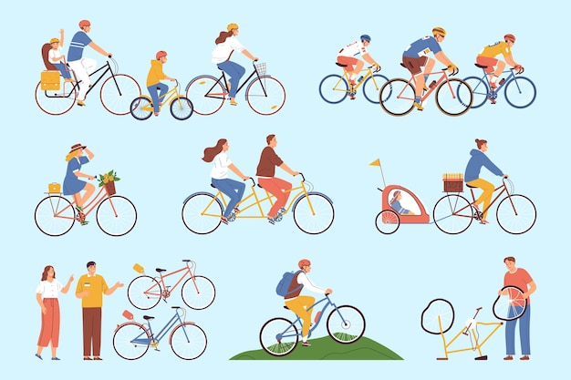 Free vector bicycles icons flat color set with people riding bikes isolated vector illustration
