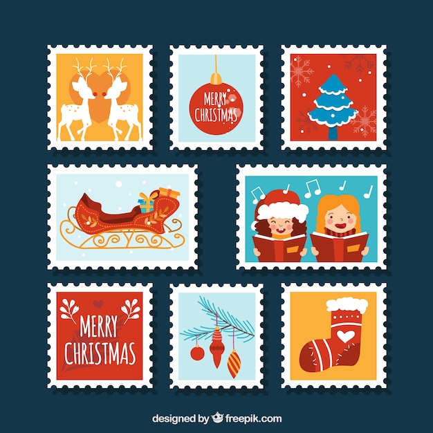 Free Vector big collection of flat christmas stamps