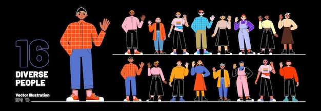 Free vector big set of 16 diverse people isolated on black