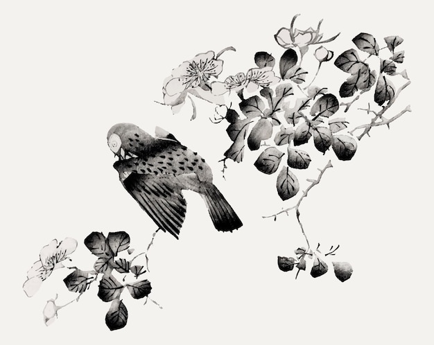 Free Vector bird vector perching on a tree illustration, remixed from artworks by hu zhengyan