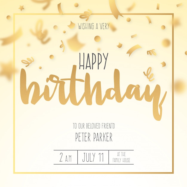 Free Vector birthday invitation with golden confetti