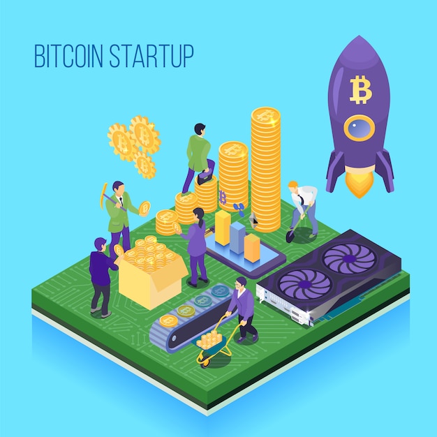 Free Vector bit coin start up project crypto currency mining and transaction computer hardware blue isometric illustration