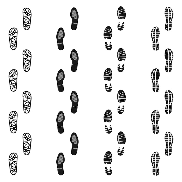 Black dirty isolated footprint track steps Sport shoes set Vector set footprint icon in flat style