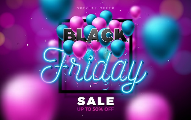 Free Vector black friday sale design with glowing neon light lettering and party balloon on shiny background