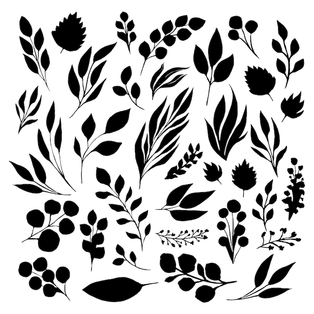 Free Vector black leaf inked silhouettes set. vector isolated illustration