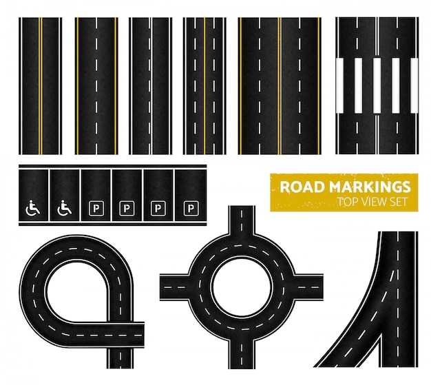 Black road markings top view icon set with different marking white and yellow  illustration