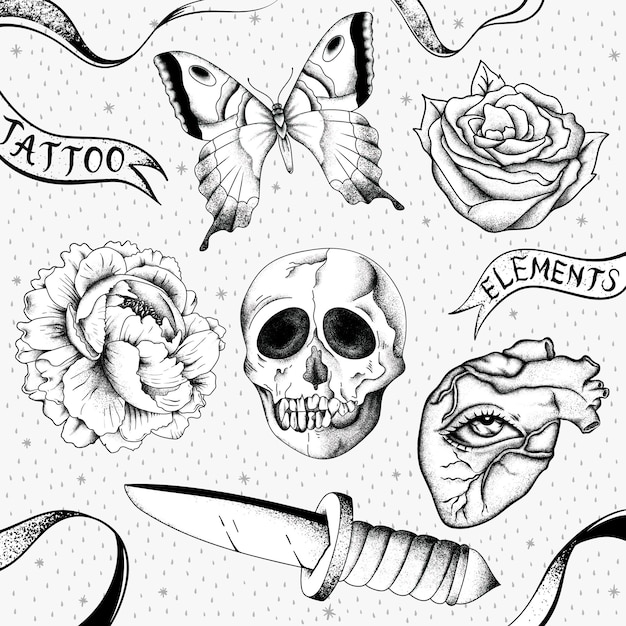 Free Vector black and white outline old school flash tattoo design vector collection