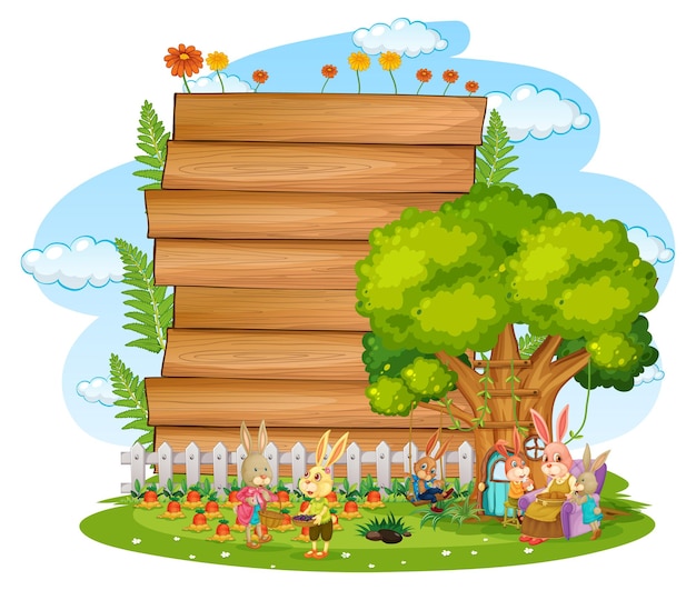 Free vector blank banner in the garden with rabbit family isolated