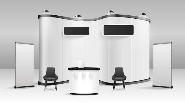 Free vector blank exhibition stand in modern white design with displays chairs and glowing lamps realistic vector illustration