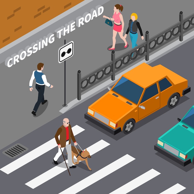 Free Vector blind person on crosswalk isometric illustration