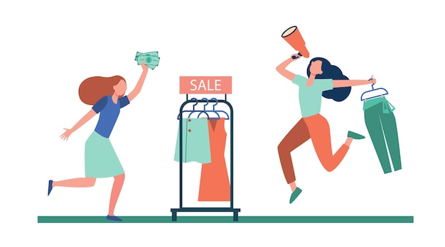 Free Vector blogger with megaphone advertising sale in fashion store. customer running for shopping flat illustration.