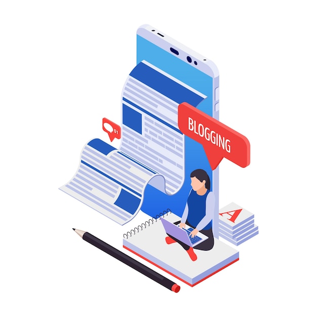 Blogging isometric icon with character writing post 3d