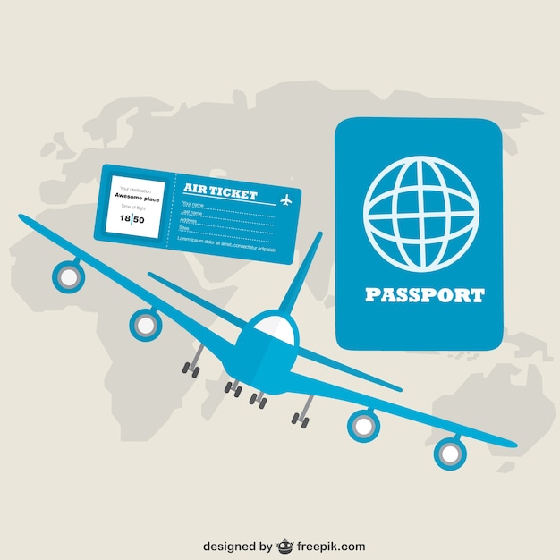 Free Vector blue aireplane and passport with world map