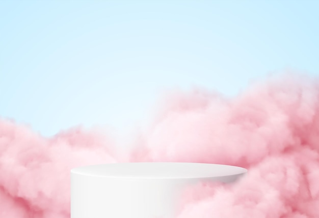 Free Vector blue background with a product podium surrounded by pink clouds.