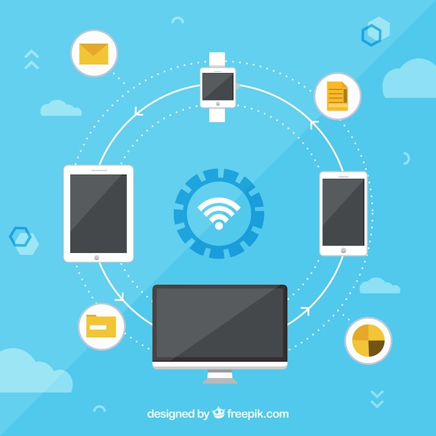 Free Vector blue background with wifi signal and electronic devices