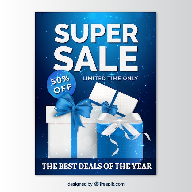 Free Vector blue brochure of super sales with gifts 