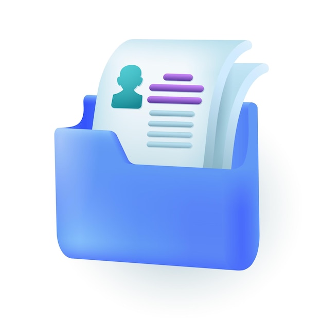 Blue folder with information about employee 3D illustration. Cartoon drawing of folder with files or documents in 3D style on white background. Business, recruitment, management, organization concept