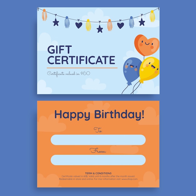 Blue kawaii balloons birthday gift certificate