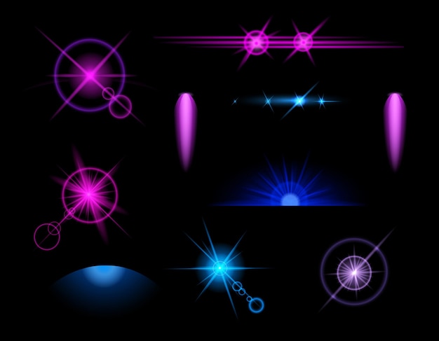 Free Vector blue light effects icon set with abstract and isolated colored elements on black