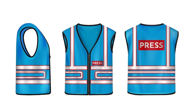 Free vector blue safety vest for press with reflective stripes uniform for journalists