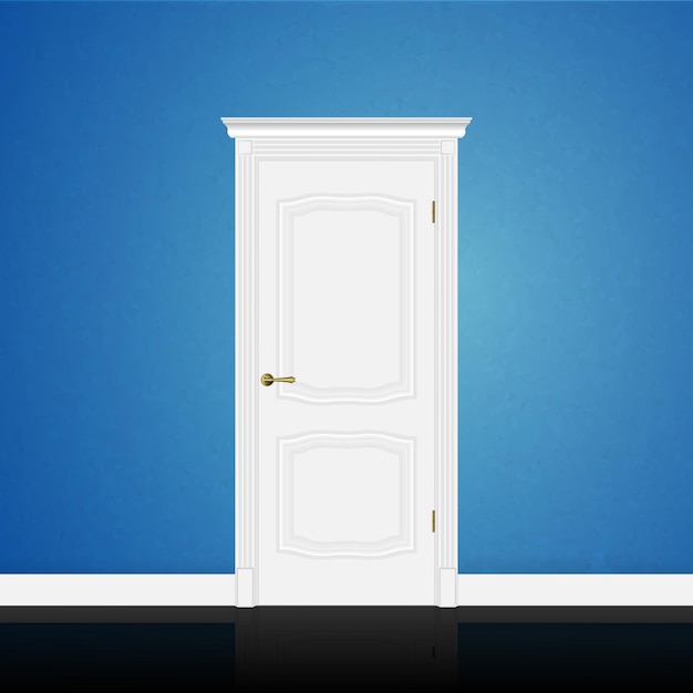 Free Vector blue wall abstract design with closed entrance white door in interior vector 3d illustration