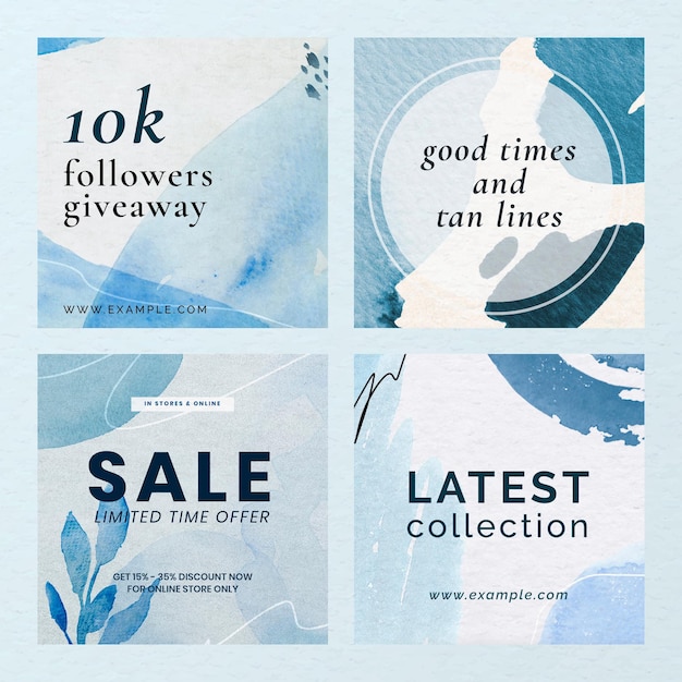 Free Vector blue watercolor memphis social template vector set